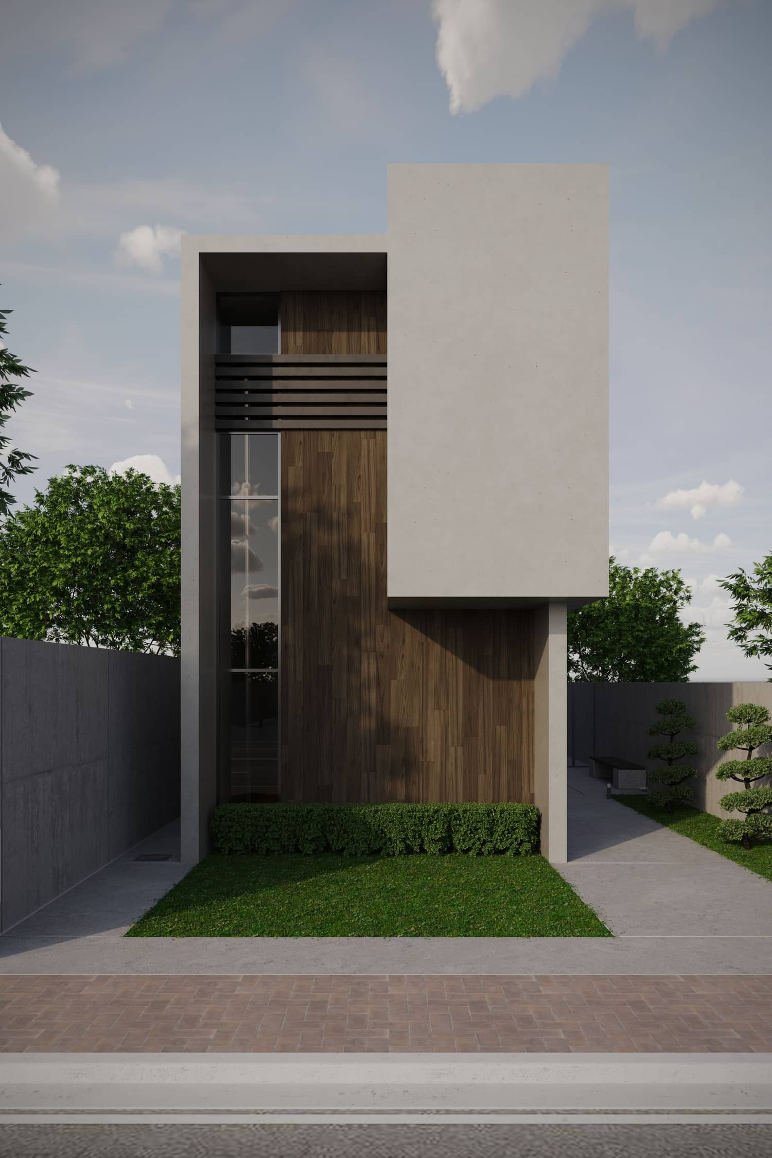 Modernes Einfamilienhaus mit Holzfassade und Begrünung