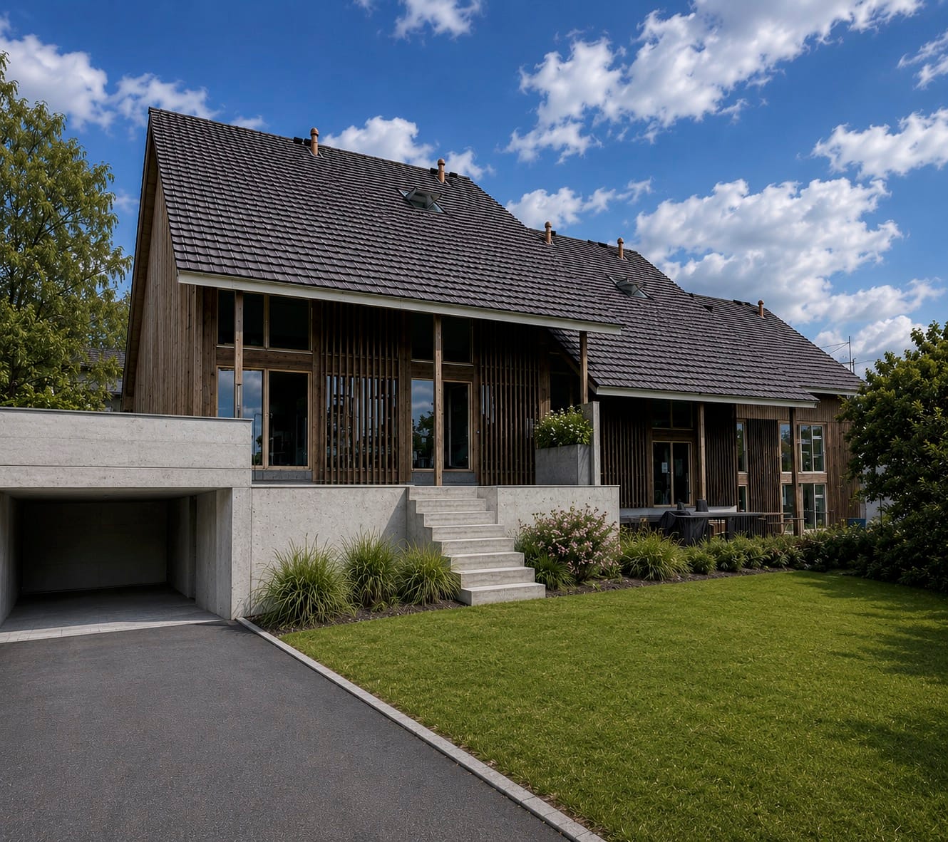 Modernes Einfamilienhaus mit Holzfassade, Garage und gepflegter Gartenanlage